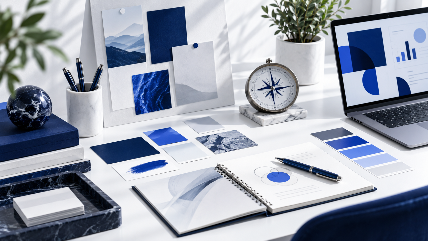A brand strategy workspace with moodboard and planning materials.