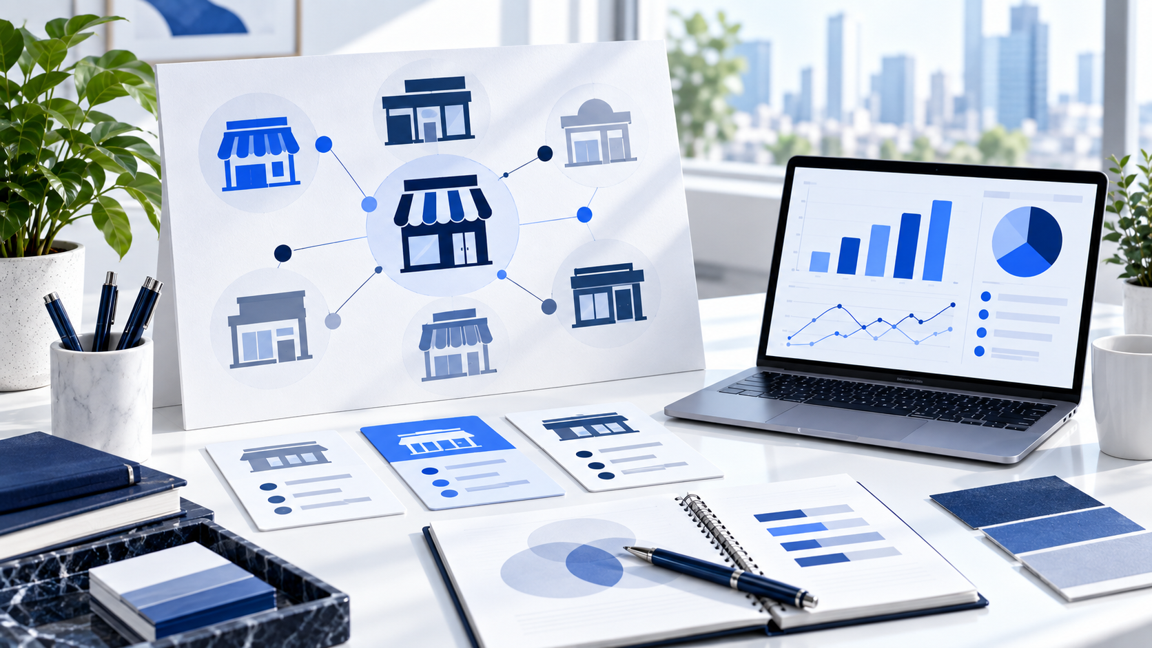 Storefront network diagram and analytics charts in blue