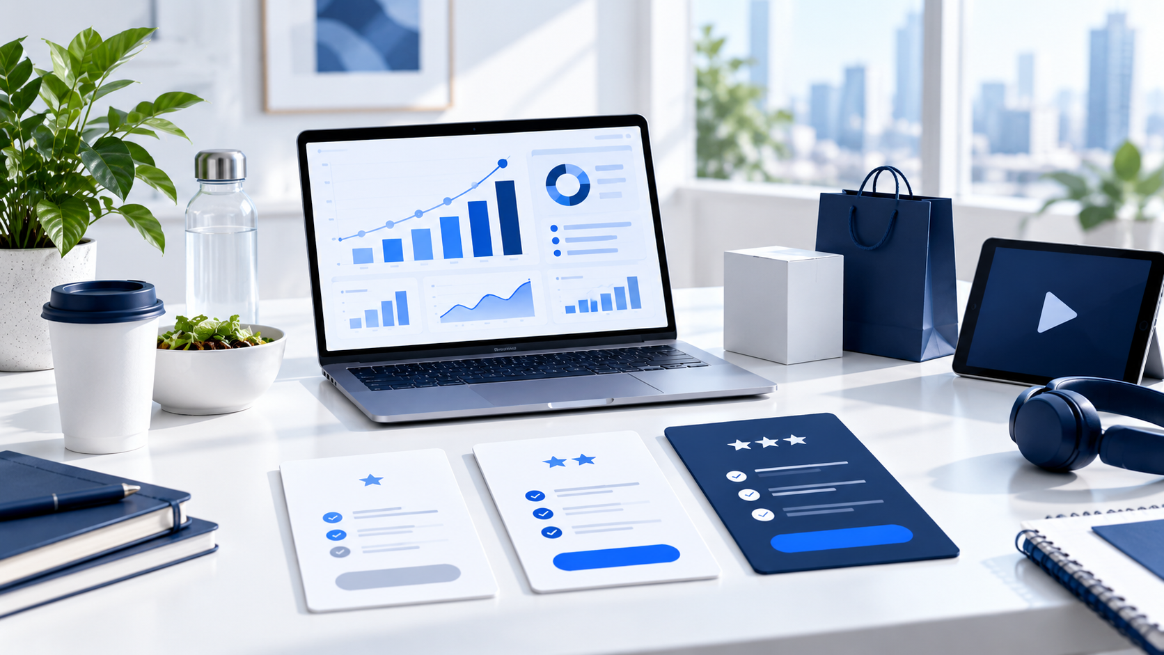 An analyst workspace with comparison charts and product examples.