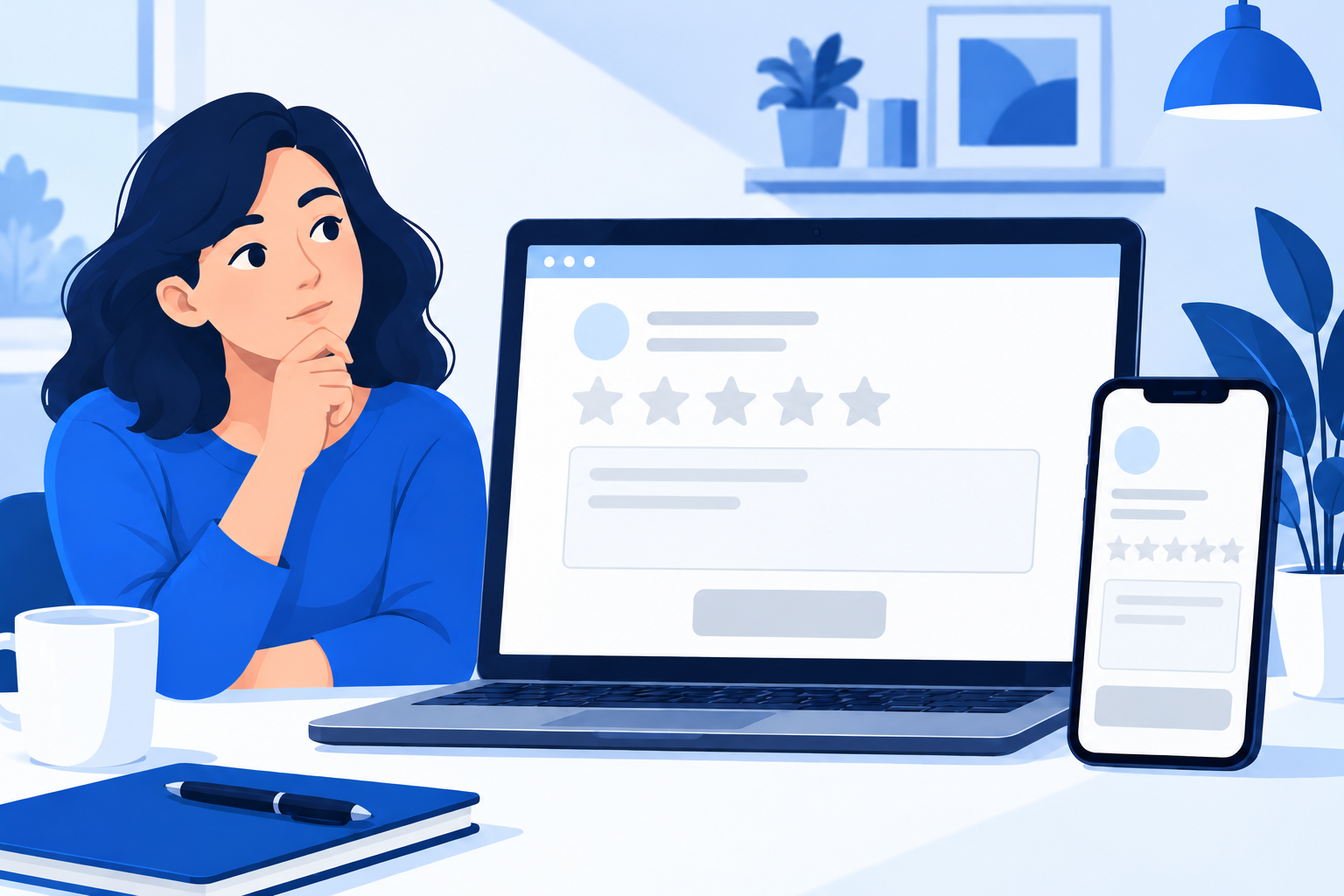 Blue-toned customer review and reputation interface