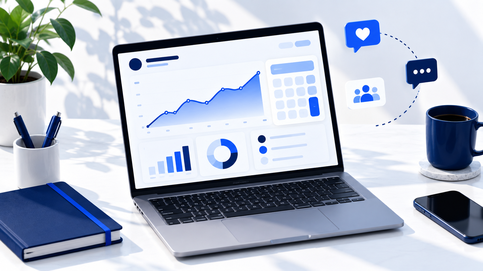 Blue-toned illustration of a creator dashboard and growing audience