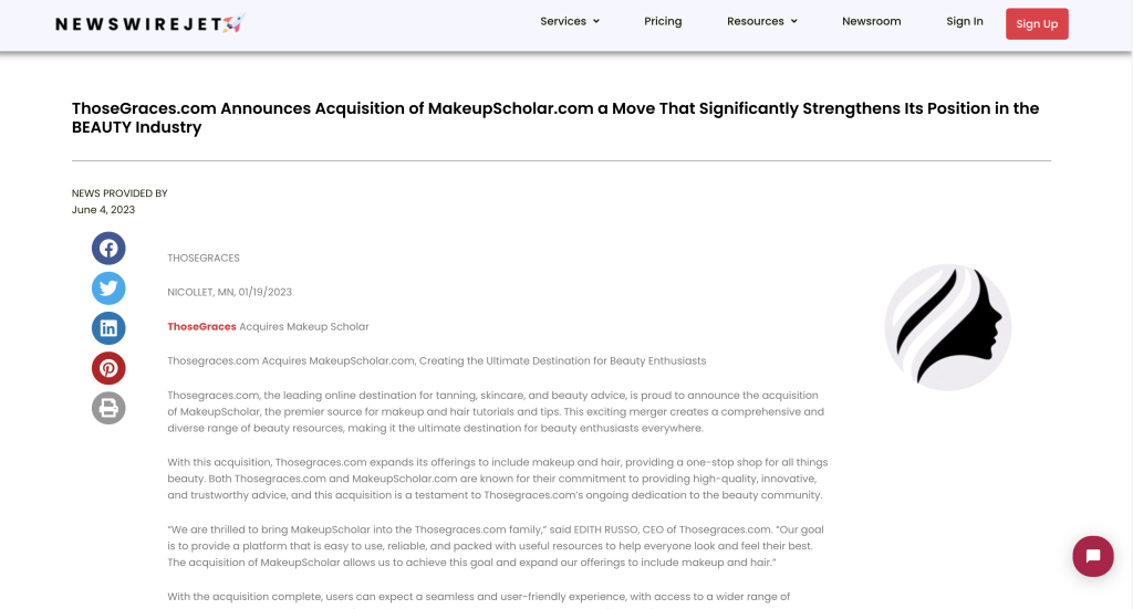 Mergers and Acquisitions Press Release Example