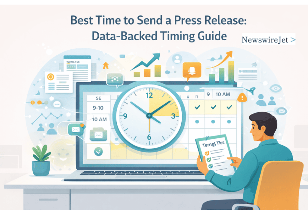 A person at a desk with a clock and calendar representing a data-backed guide on the best time to send a press release.