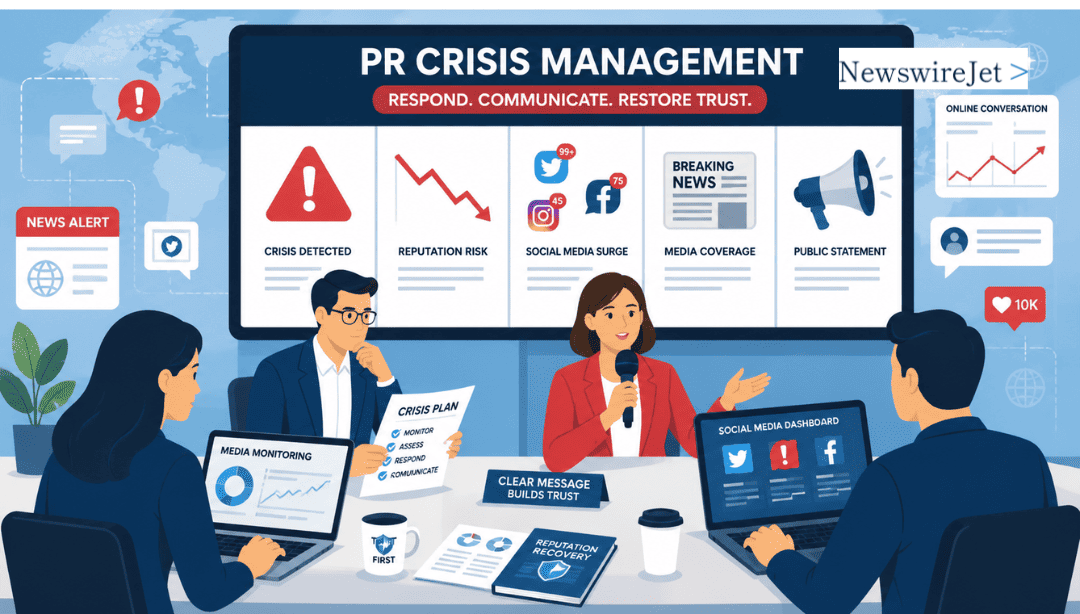 PR Crisis Management Examples in History: team responding to crisis with media monitoring and social media dashboard.