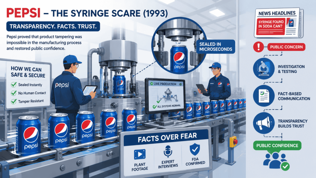 PR Crisis Management Examples in History: Pepsi syringe scare showing factory safety and transparency response. 