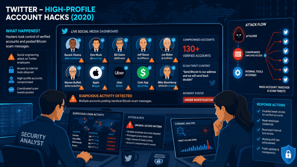 PR Crisis Management Examples in History: Twitter high-profile account hacks with attack flow and security response. 