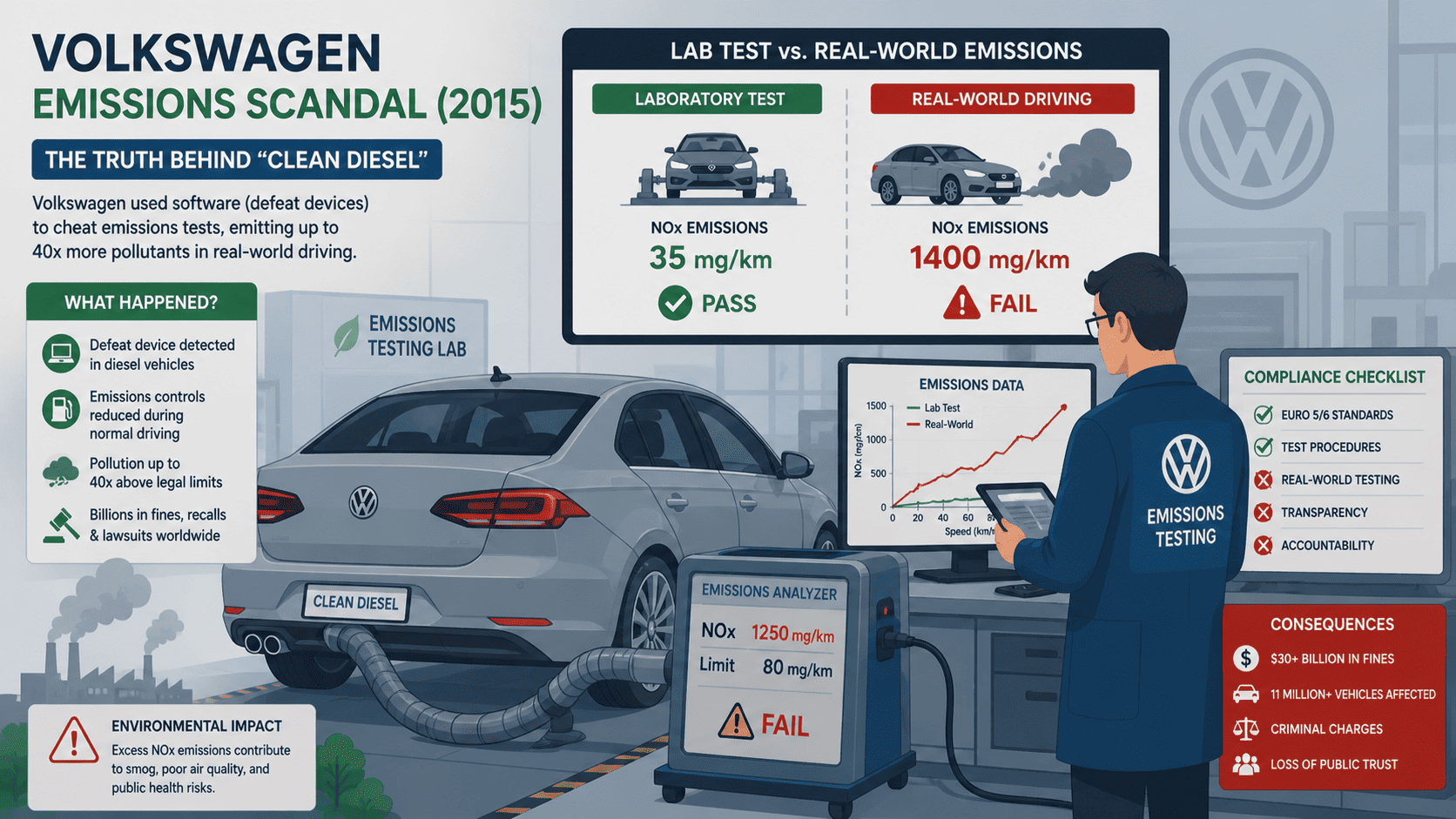 PR Crisis Management Examples in History: Volkswagen emissions scandal showing lab vs real-world NOx levels.