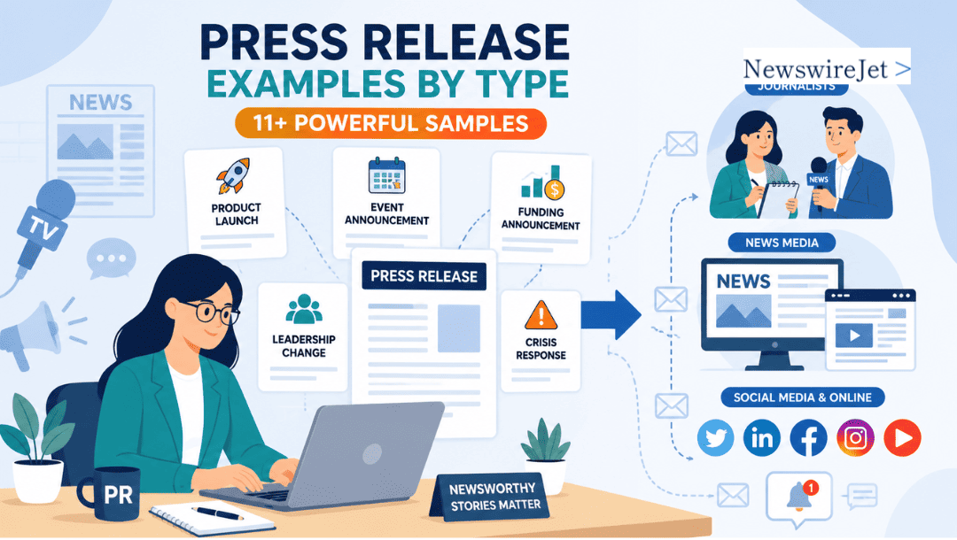 A PR professional working on Press Release Examples By Type including product launch, crisis response, and event announcement formats.