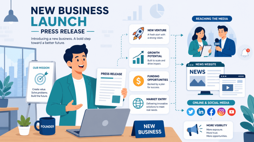 A founder presenting a new business launch, illustrating one of the Press Release Examples By Type for entrepreneurs and startups. 