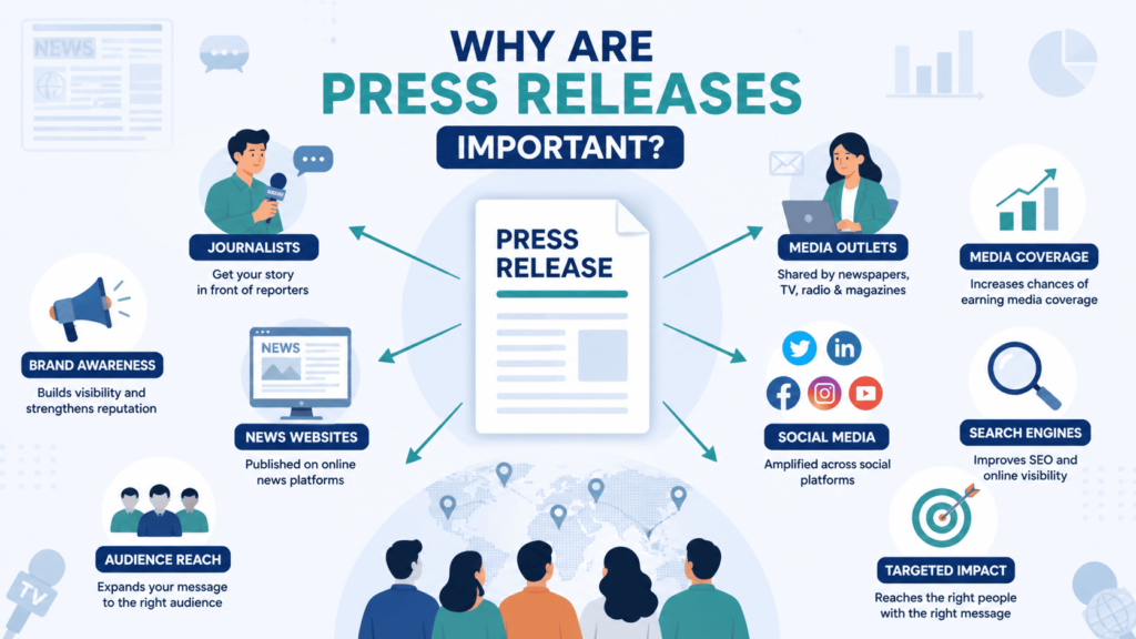 Diagram explaining why press releases matter, complementing Press Release Examples By Type with media and audience reach visuals. 