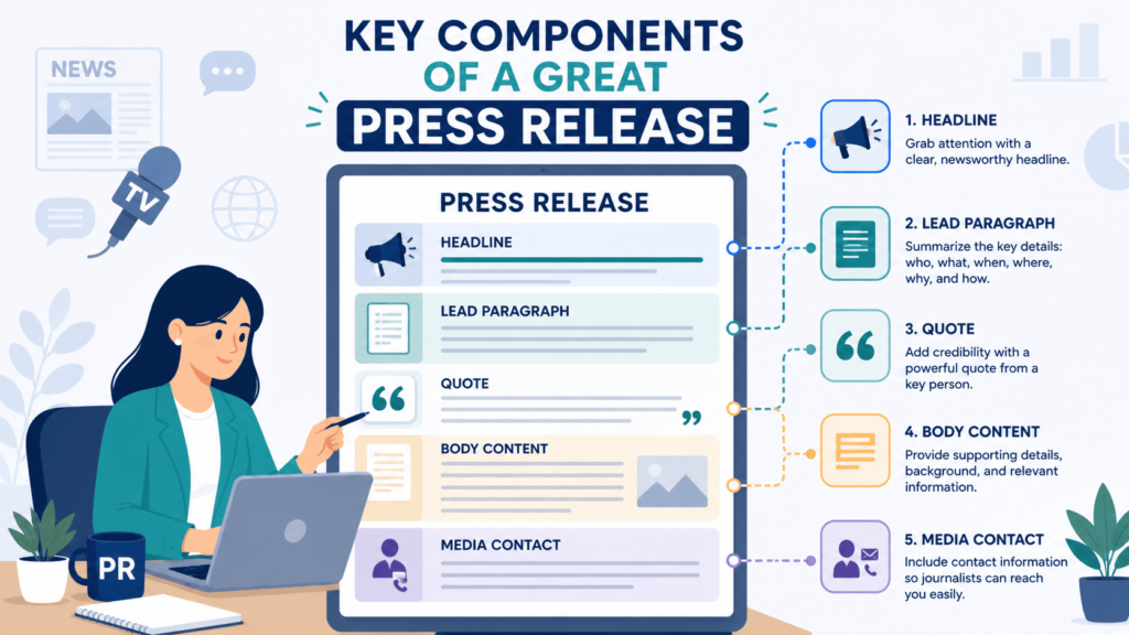 Infographic showing key components of a press release, supporting Press Release Examples By Type with headline and structure tips. 