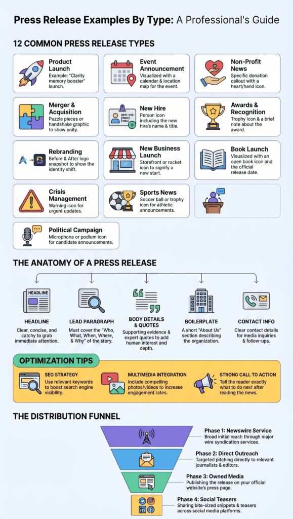A comprehensive guide to Press Release Examples By Type covering 12 formats, anatomy, optimization tips, and distribution funnel. 