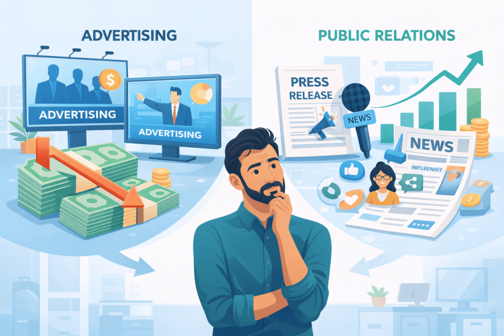 A man weighing advantages and disadvantages of public relations versus advertising for brand growth strategy.
