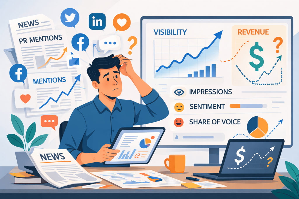A marketer struggling to measure the advantages and disadvantages of public relations through ROI and visibility metrics.