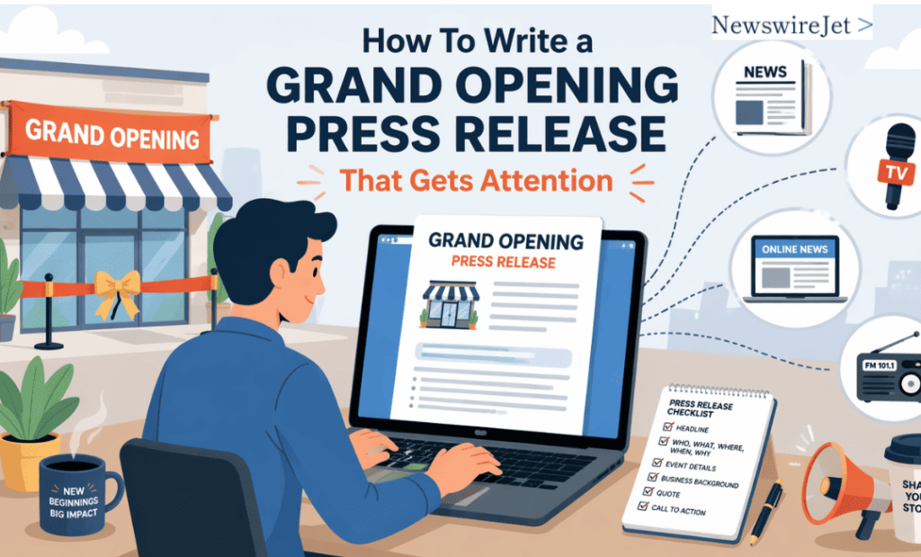 A person at a laptop demonstrating how to write a grand opening press release that gets attention.