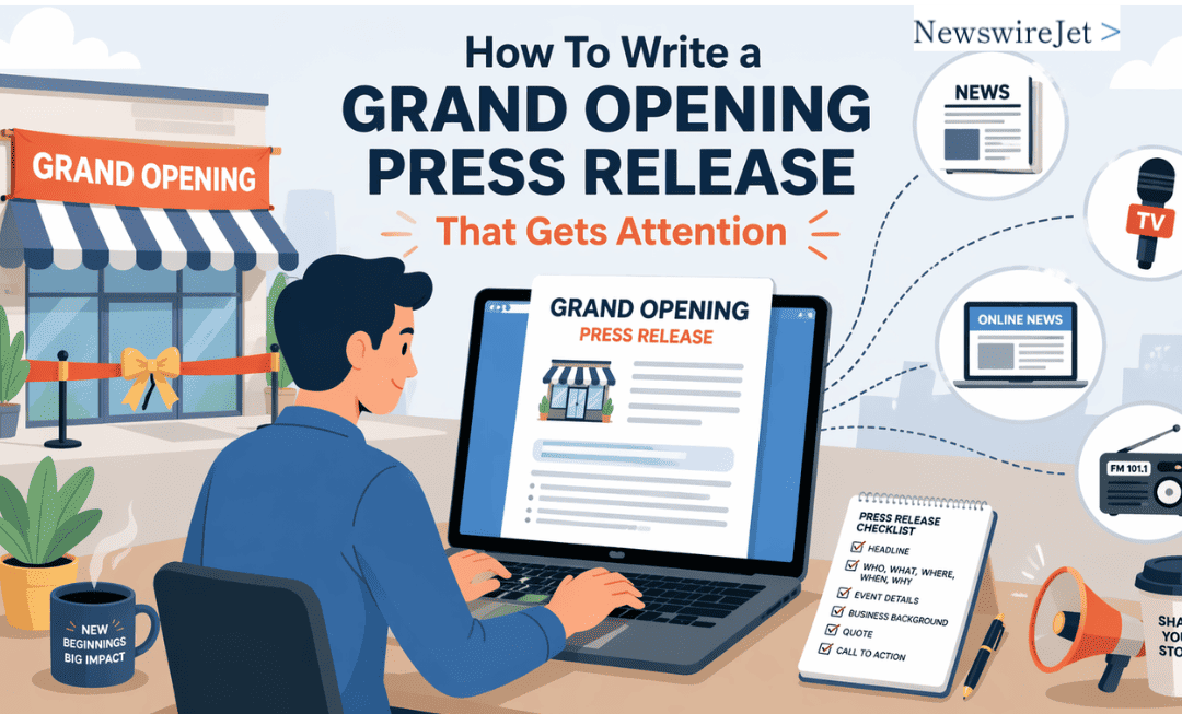 A person at a laptop demonstrating how to write a grand opening press release that gets attention.