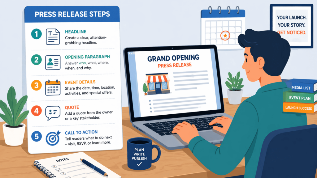 Step-by-step press release steps showing how to write a grand opening press release from scratch. 
