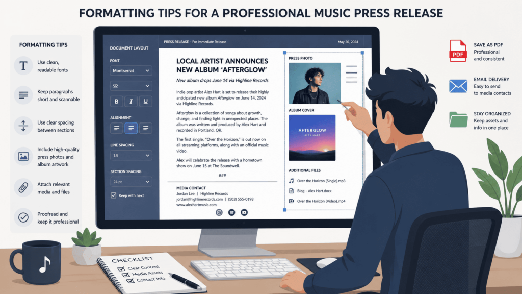 Formatting tips for how to write a music press release shown on a computer screen with layout and font settings. 