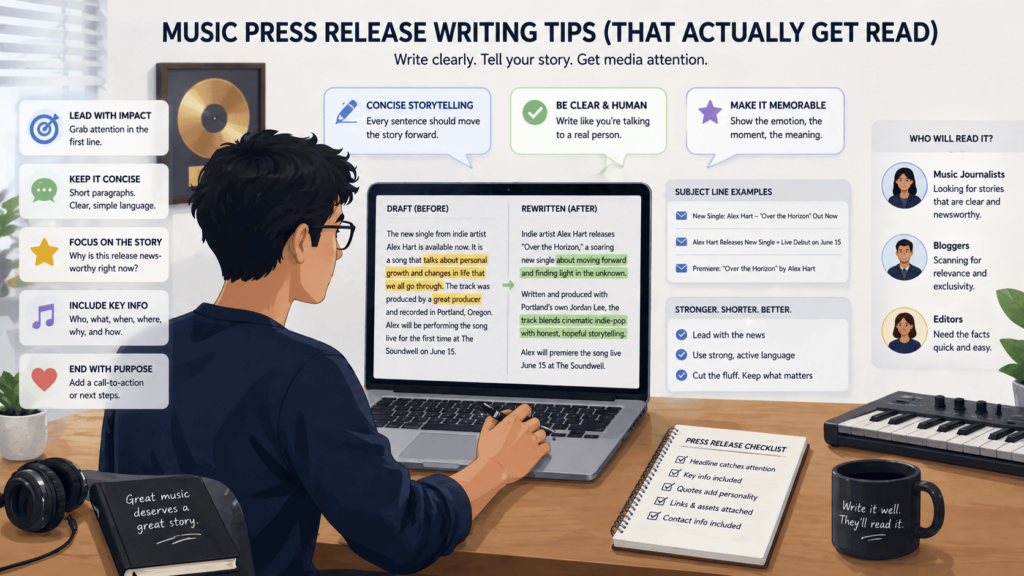 Writing tips on how to write a music press release that gets read, featuring a before-and-after draft comparison. 