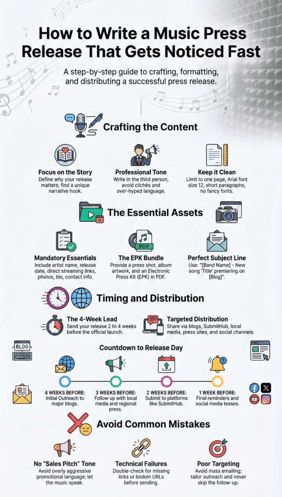Step-by-step guide on how to write a music press release covering content, timing, assets, and common mistakes. 
