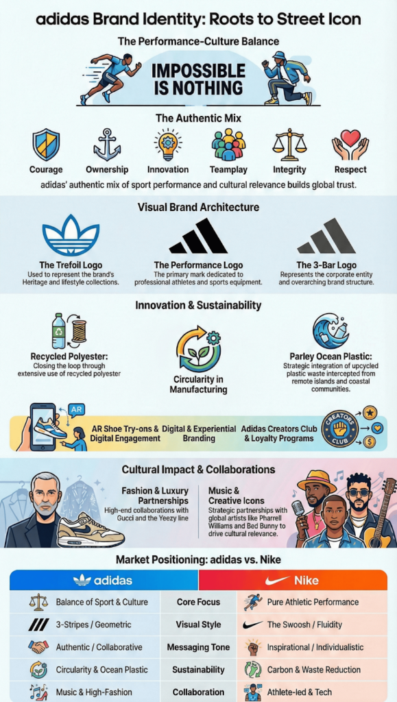 An infographic exploring the authentic mix, visual architecture, and cultural collaborations that define the adidas brand.