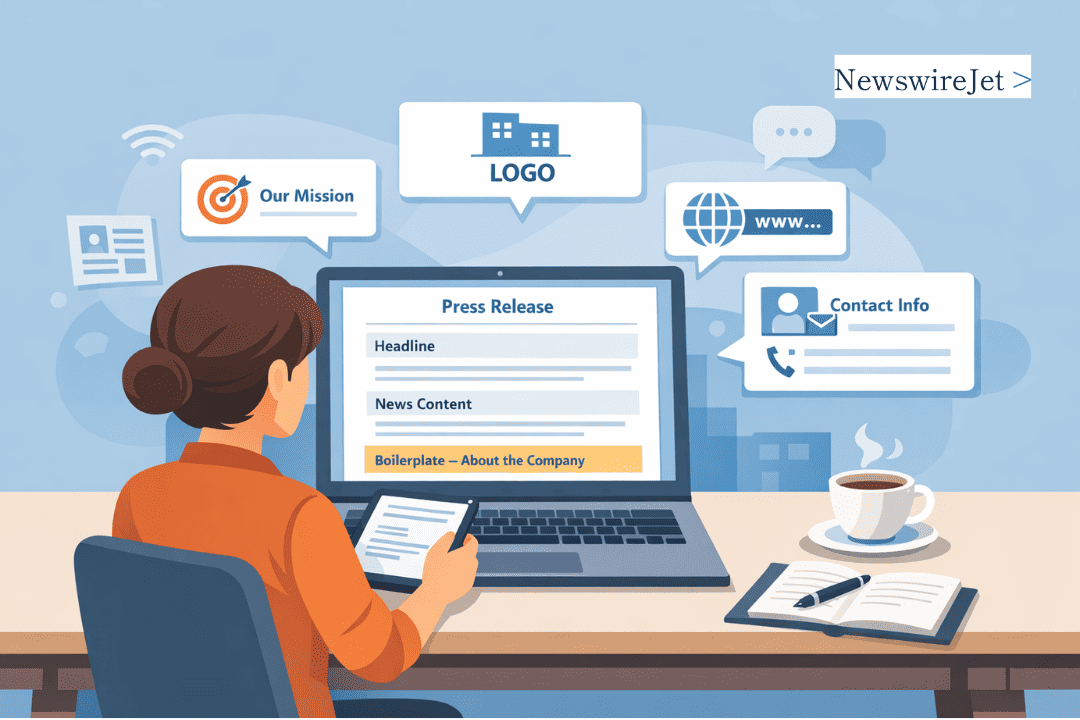 Woman creating press release boilerplate examples on laptop with logo, mission, and contact info