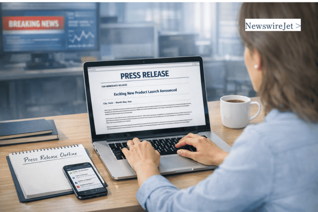 A woman drafting what a press release should look like on her laptop beside a press release outline notepad.