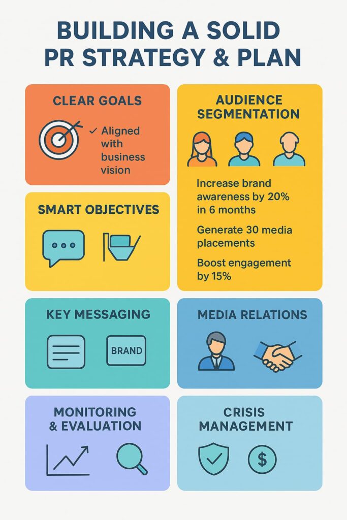 Infographic outlining steps for creating a PR strategy and plan components, including goals, audience, and evaluation.