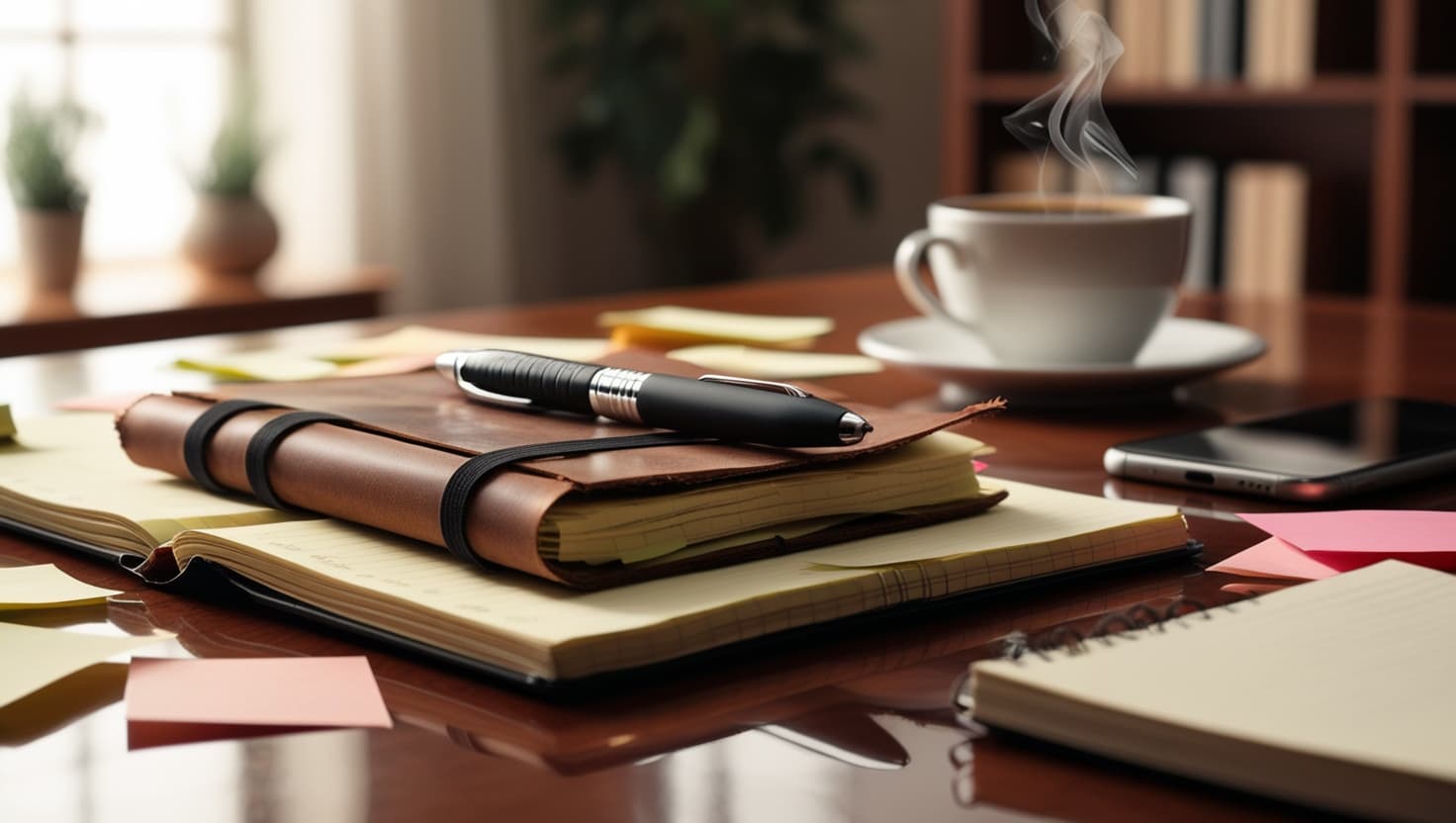 Close-up of a leather notebook, pen, and sticky notes on a desk with coffee, illustrating Media Kits: Components & Purpose.