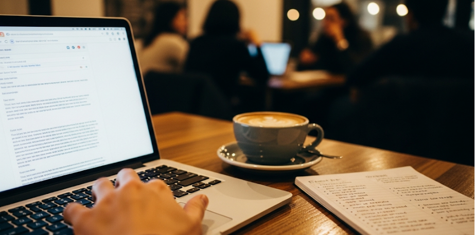 A person types on a laptop at a café, with a coffee cup and menu nearby. Media relations and outreach
