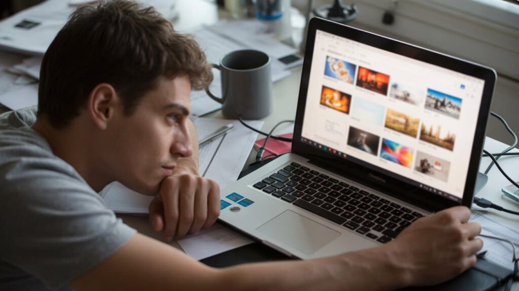 Young man at desk looking at laptop with images, showing digital transition of What Is a Media Kit PR.

