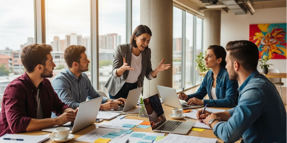 A team collaborates in a modern office, discussing a new company press release example while analyzing documents and laptops