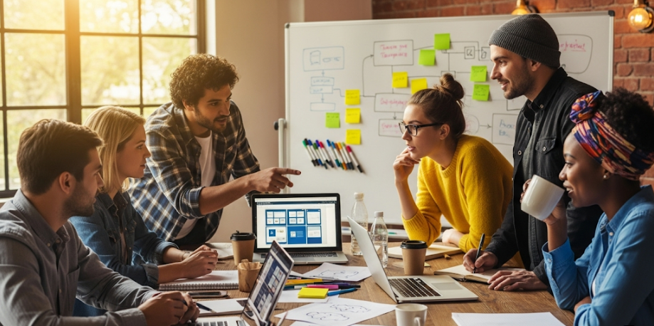 A creative team brainstorms ideas for a press release for new business, surrounded by notes and laptops in a bright workspace