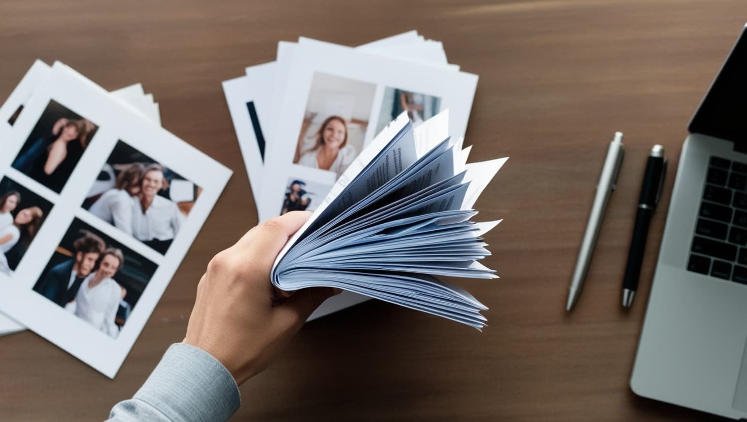 Hand flipping through printed photos beside laptop, illustrating print vs digital in What Is a Media Kit
