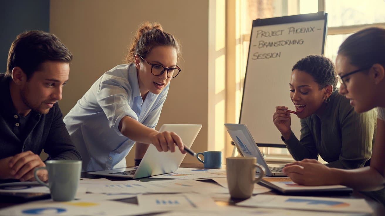 Team collaborating in a meeting, showing responsibility for brand reputation through brainstorming and strategy planning.