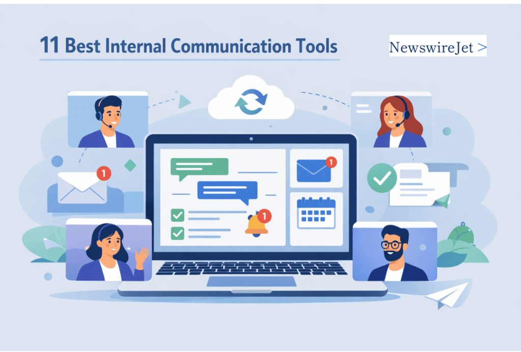 A team collaborating remotely using the best internal communication tools, featuring chat, email, and video on a laptop.