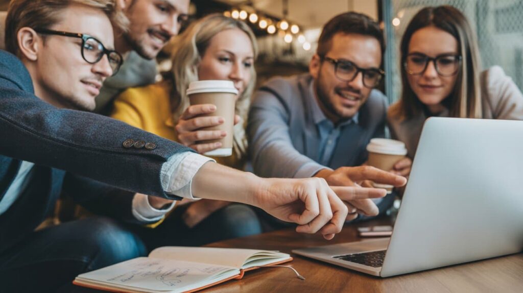 Group of people collaborating on a laptop, showing teamwork in Examples of Good Media Kits.