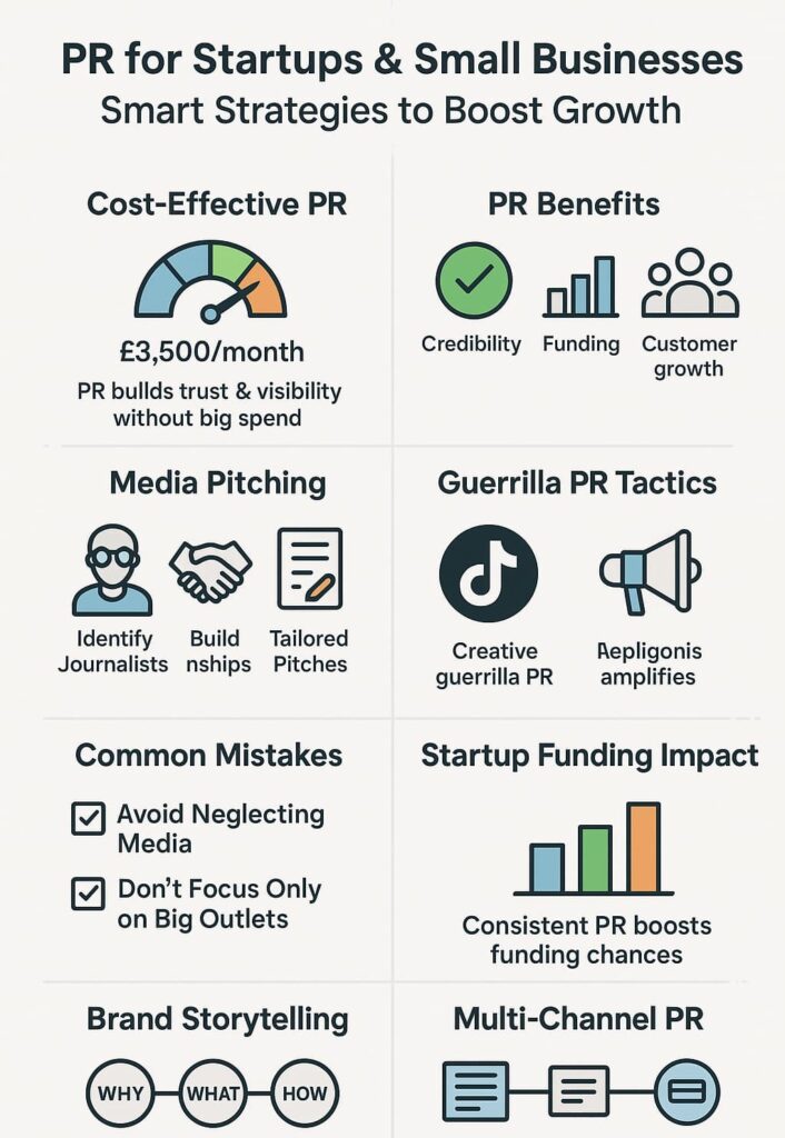 Infographic on PR for Startups and Small Businesses, outlining strategies like media pitching and brand storytelling.