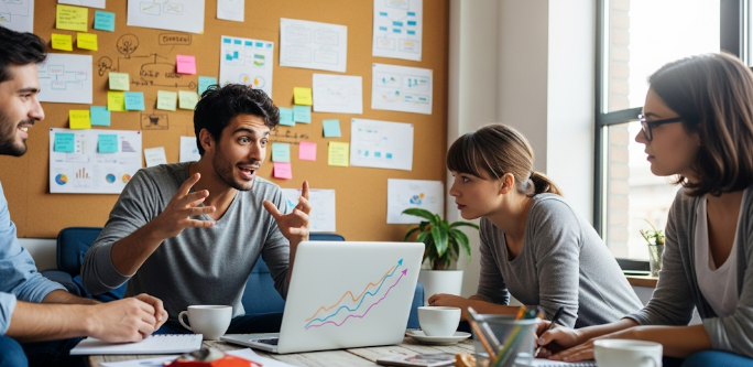 A team discusses PRs role in startup funding and common mistakes around a laptop in a creative workspace.