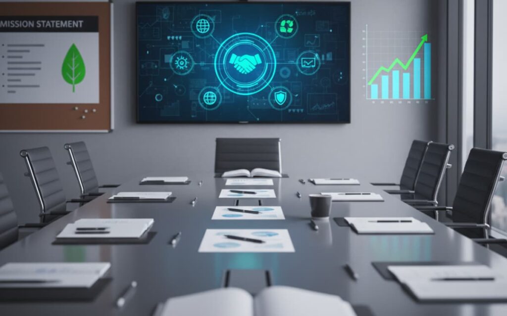 Image of a conference room with a screen showing graphs and icons, representing aligning PR metrics with business goals.