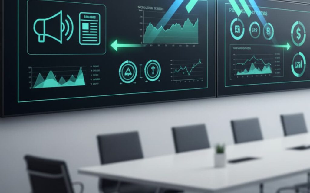 Image of a modern meeting room with screens displaying data and graphs, illustrating aligning PR metrics with business goals.