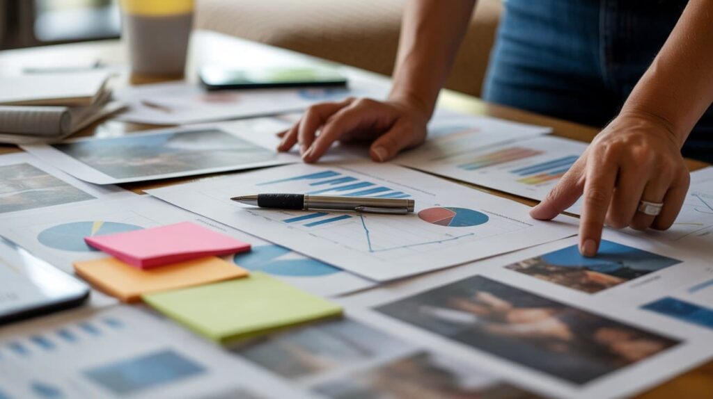 Desk with charts, laptop, and notes symbolizing Defining PR KPIs and Metrics for business growth tracking.