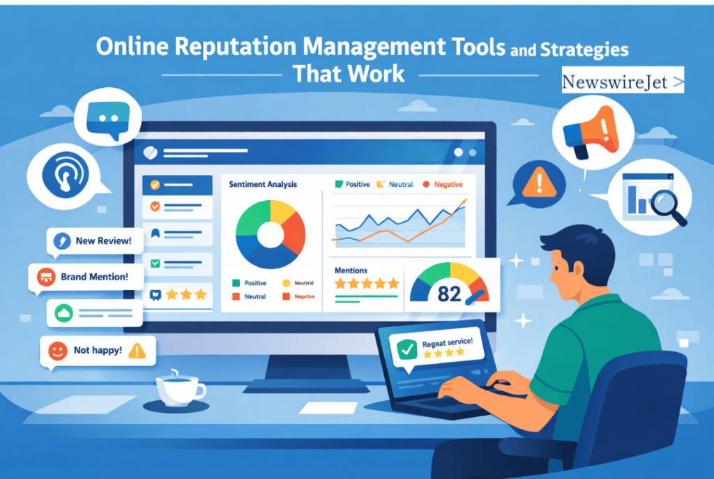 Person monitoring online reputation management tools and strategies on a sentiment analysis dashboard screen.
