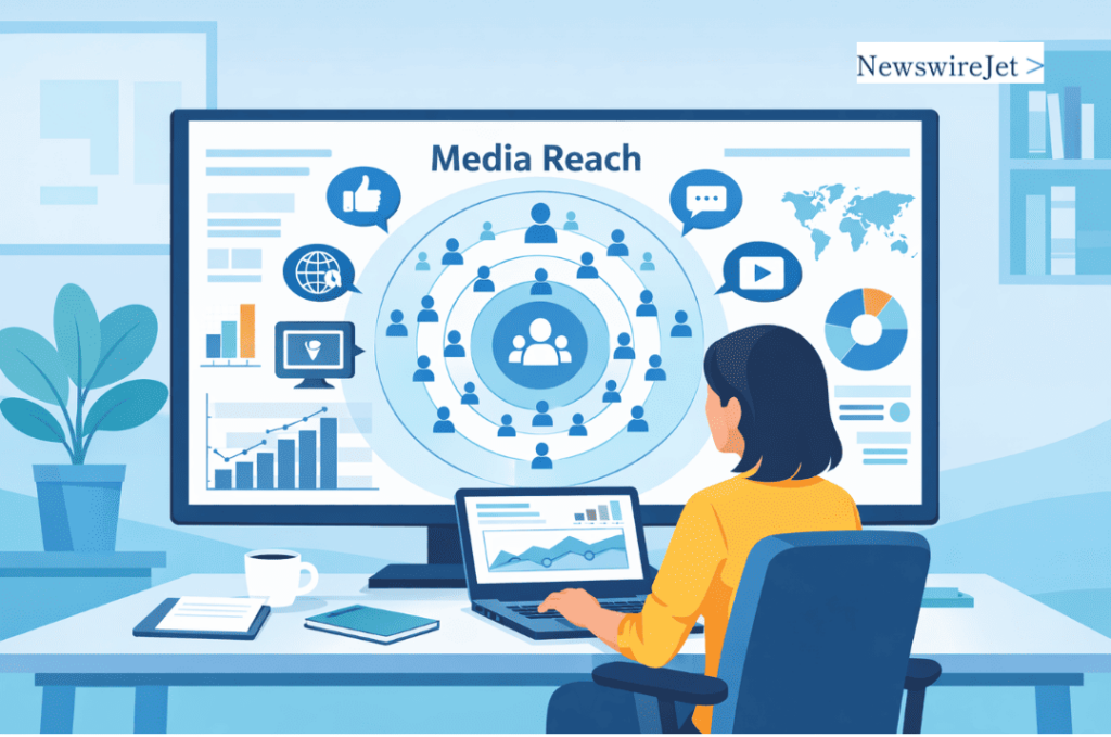 Professional woman analyzing reach of media coverage data on a large monitor displaying media reach metrics