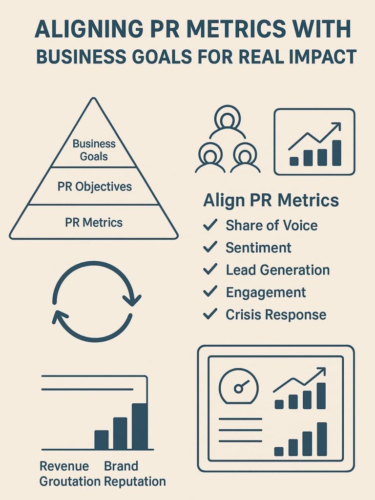 Infographic outlining methods for aligning PR metrics with business goals for real impact in public relations strategies.