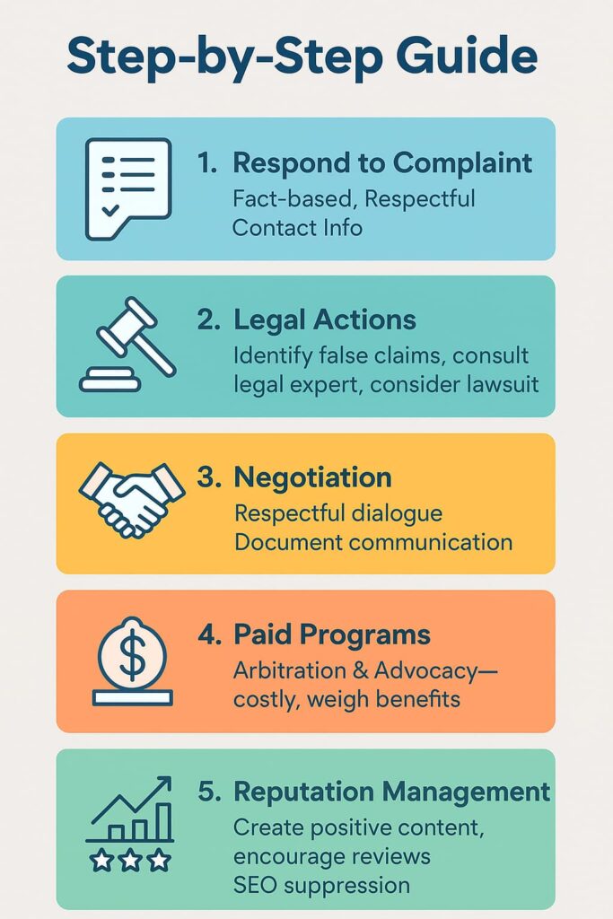 Step-by-step infographic outlining methods for effectively Managing Ripoff Report Complaints