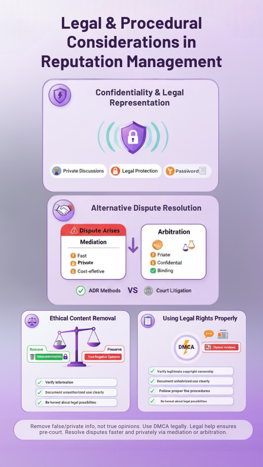 Specialized Reputation Solutions infographic showing legal considerations for managing online reputation effectively