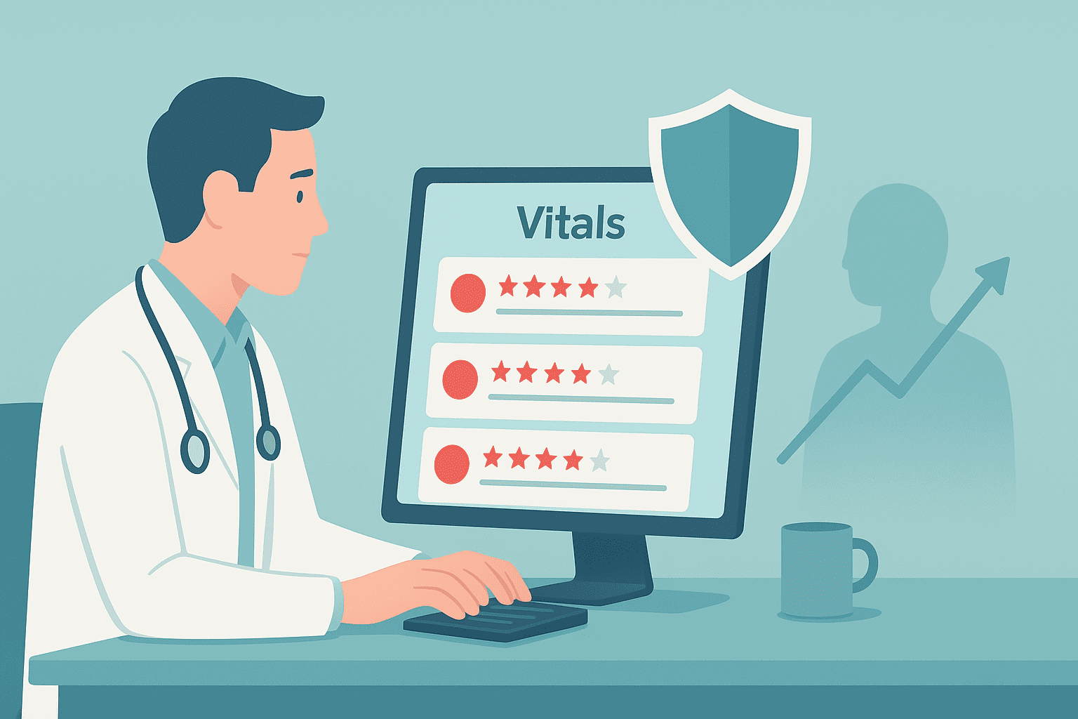 Healthcare provider monitoring positive patient reviews on Vitals platform with shield icon showing improved ratings and patient trust.