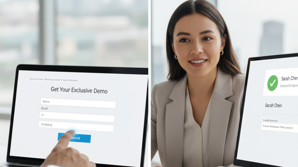 Split screen showing how to track lead from PR through demo form submission and CRM lead source attribution system