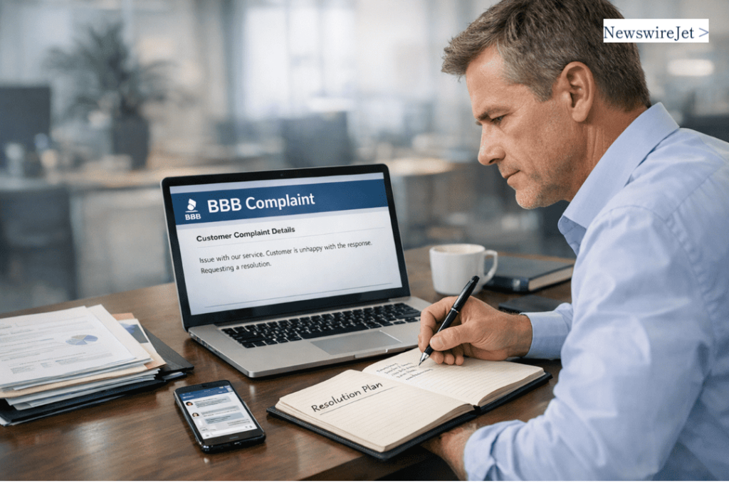 Business owner writing a resolution plan while researching how to remove a BBB complaint online.